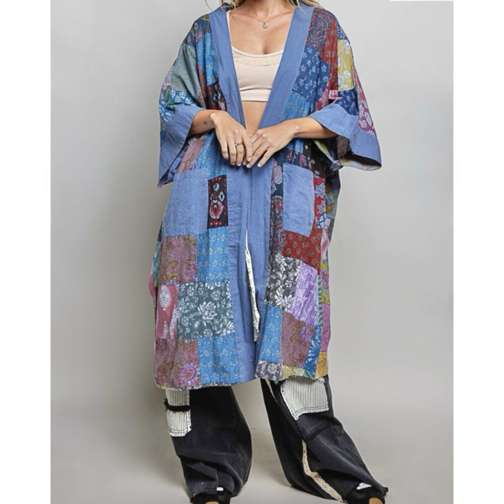POL Patchwork Kimono Duster Robe Blue Multi NEW Boho Hippie Cotton Festival M/L